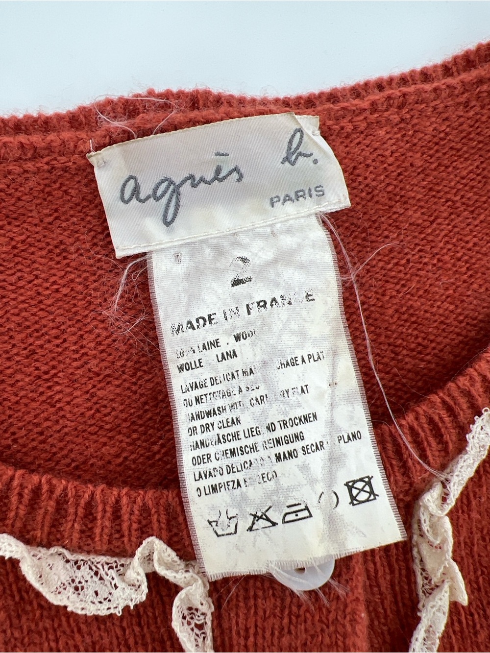 Vintage Agnes B. Rust Red Ruffle-Trim Cardigan Sweater feminine romantic dainty - Picture 6 of 8